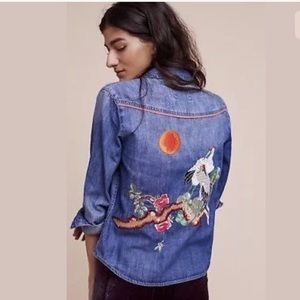 Anthropologie Holding Horses Embroidered Sun Crane Denim Button Up Shirt Top XS